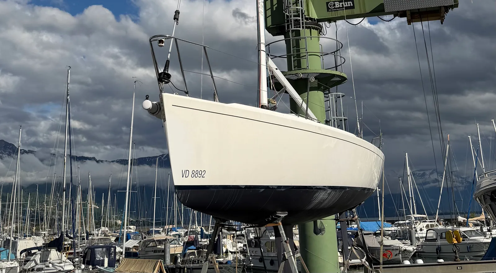 J/92s hull polished and ready to splash: gelcoat rebuilt on the bow and port topside, bright white finish restored end to end