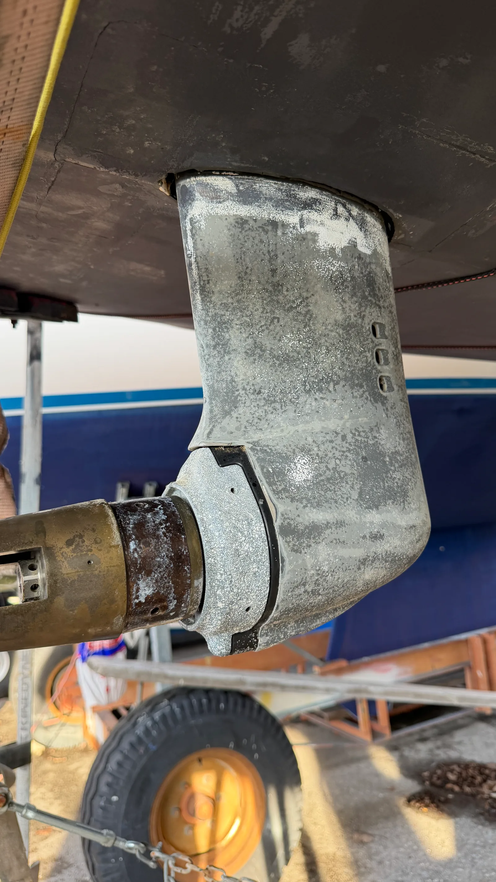 Volvo Sail Drive leg after application of the Osculati zinc primer, mottled metallic-grey finish