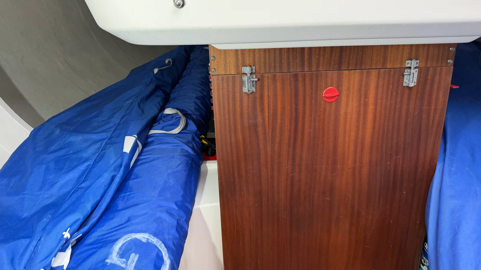 J/92s engine compartment after refit: mahogany bulkheads varnished with Veneziani Wood Line, sealed gloss film, ready to shed moisture and oil mists