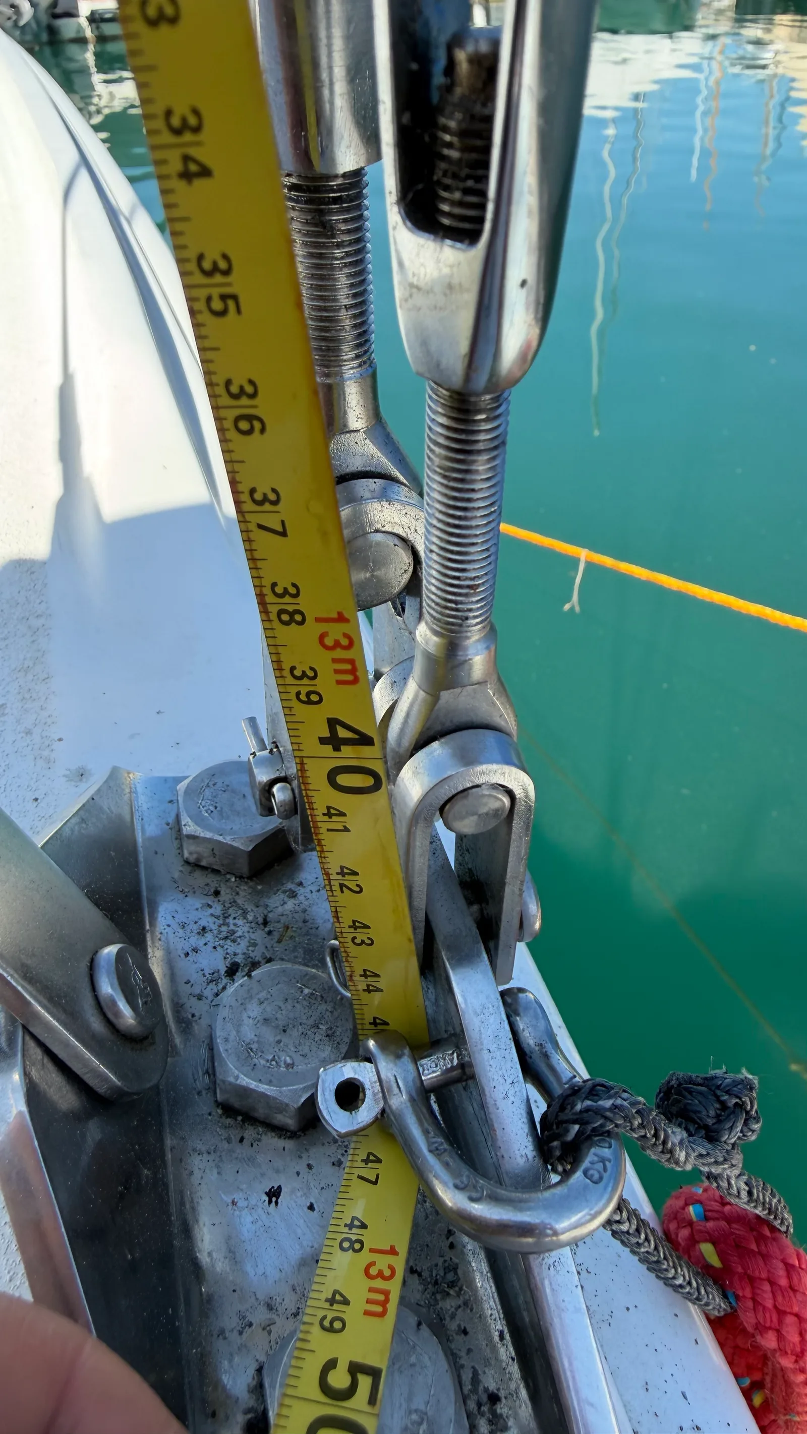 Centring — starboard reading: tape run from a halyard down to the starboard chainplate on a J/92s
