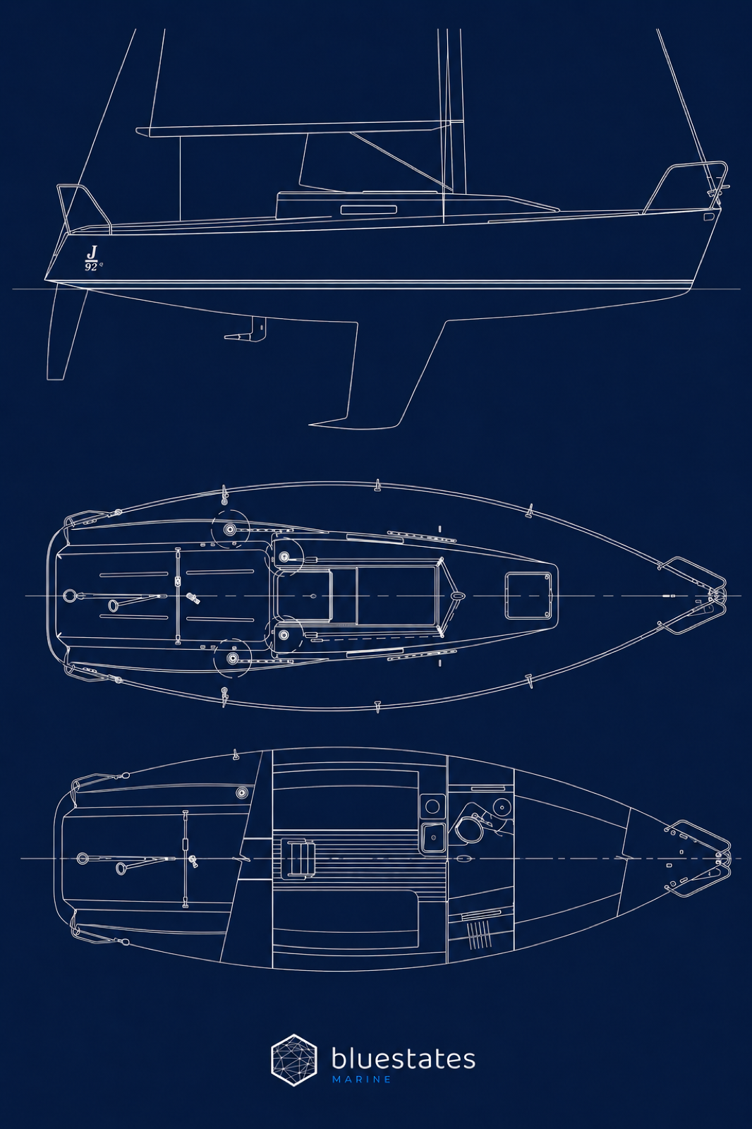 Disegno tecnico del J/92s — vista di profilo e due viste dall'alto della coperta, barca J Boats Europe 2008, 9,12 m, con base sul Lago Lemano.